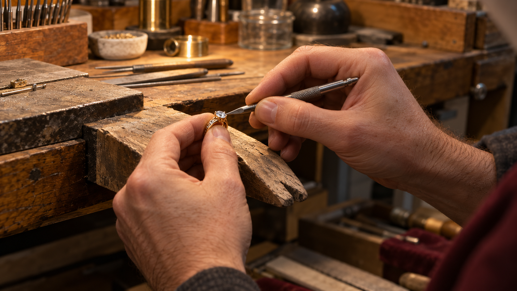 Jeweller carefully working on a gemstone ring at a traditional workshop bench