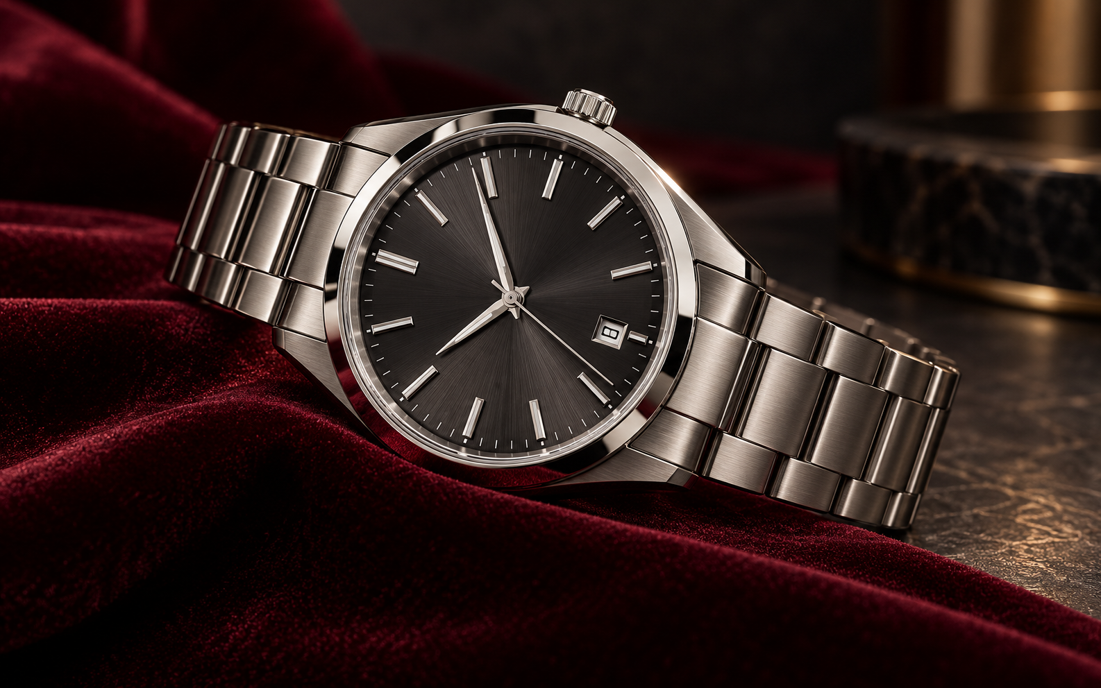 Elegant stainless-steel wristwatch on burgundy velvet